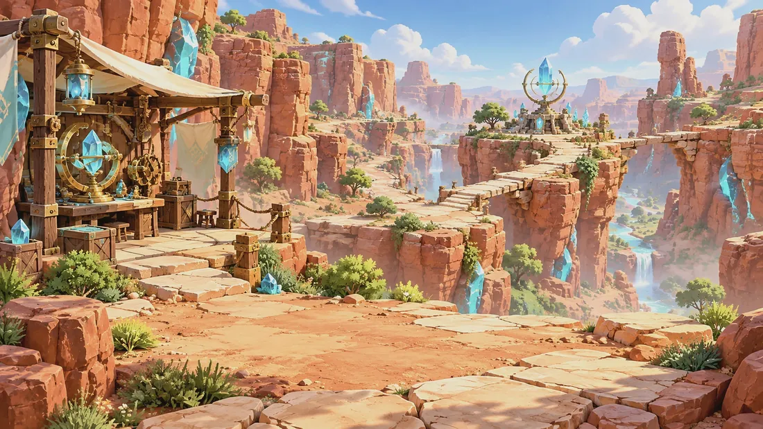 A workshop on a ledge in a red rock canyon